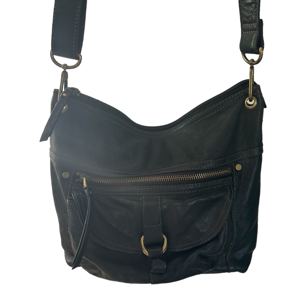 Fossil Leather Large Black Crossbody Zip Top Bag Purse